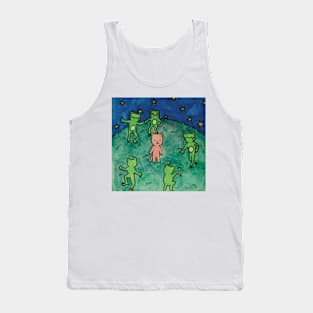 frogs dancing around a cat cottagecore meme watercolor illustration Tank Top